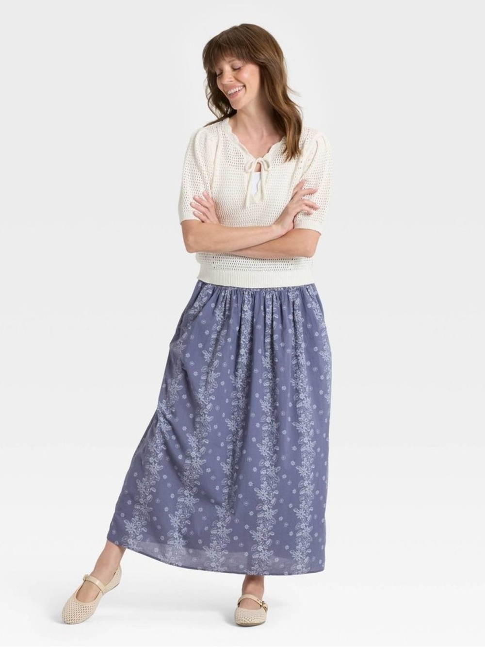 Cottagecore Boho Peasant Universal Thread 100% Cotton Midi Skirt Dusty Blue M
